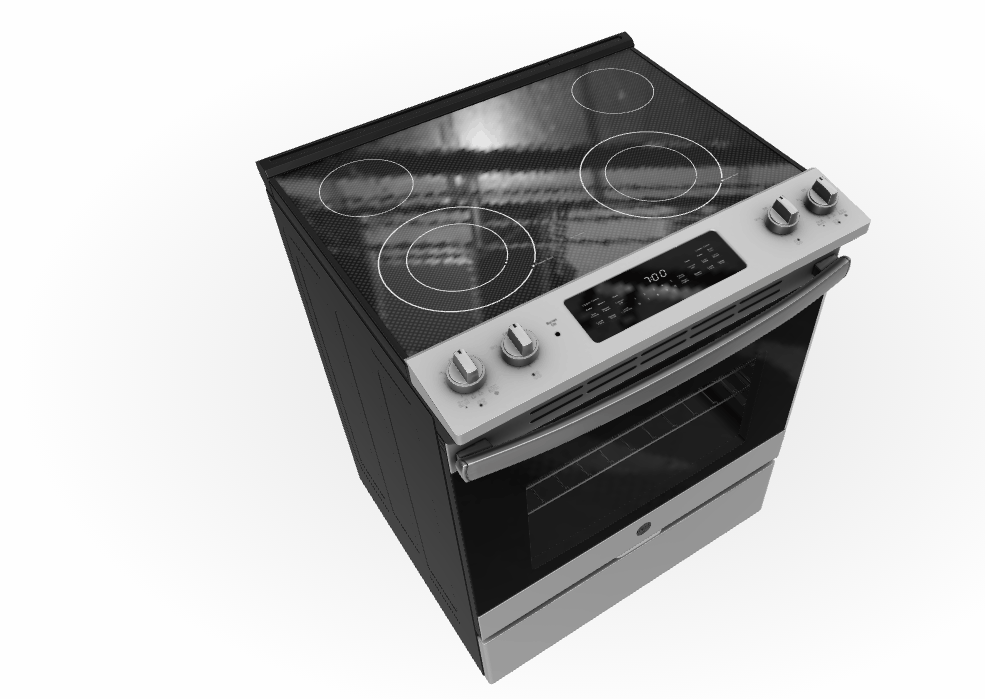 A GE Electric Range rendered in Lowe's 3D Showroom ([https://www.lowes.com/pd/GE-Smooth-Surface-4-Elements-5-3-cu-ft-Self-Cleaning-Slide-in-Electric-Range-Stainless-Steel-Common-30-in-Actual-29-875-in/1000309761](https://www.lowes.com/pd/GE-Smooth-Surface-4-Elements-5-3-cu-ft-Self-Cleaning-Slide-in-Electric-Range-Stainless-Steel-Common-30-in-Actual-29-875-in/1000309761) 