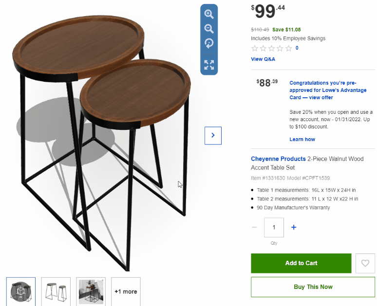 A 3D model of an accent table set on [Lowes.com](http://lowes.com) ([https://www.lowes.com/pd/Cheyenne-Products-2-Piece-Walnut-Wood-Accent-Table-Set/1000832542](https://www.lowes.com/pd/Cheyenne-Products-2-Piece-Walnut-Wood-Accent-Table-Set/1000832542))